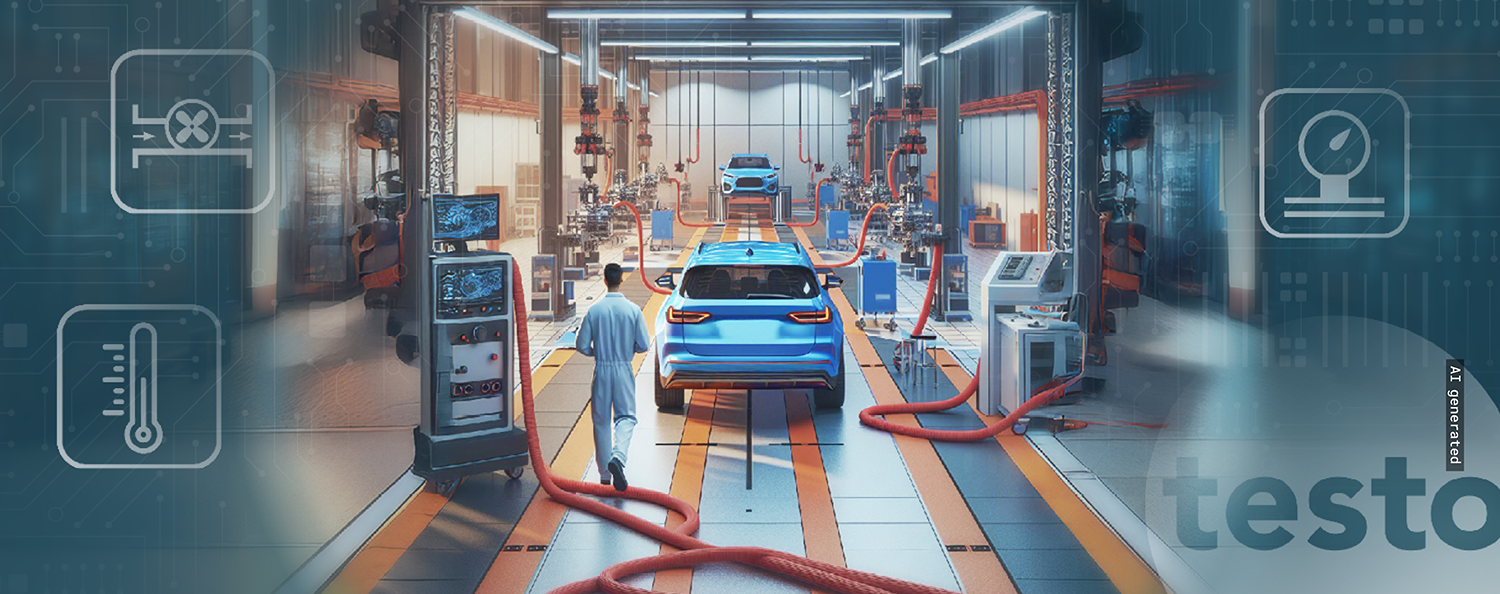 Kalibrierlösung Temperiermessgeräte KI-generiertes Bild welches die Prüfung eines Autos in der Produktion zeigt