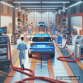 Kalibrierung Temperiermessgeräte KI-generiertes Bild zur Prüfung von Elektroautos in einer Produktion