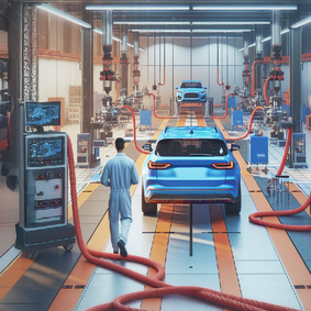 KI-generiertes Bild zur Prüfung von Elektroautos in einer Produktion