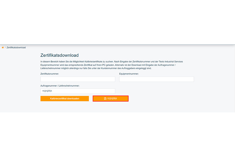 Screenshot der Eingabe der Auftragsnummer für den Zertifikatsdownload