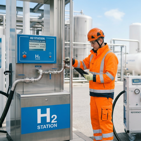 Person die eine Wartung an einer Wasserstoff Tankstelle durchführt