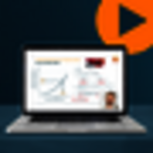 GUM und KI – Kann so jeder Messunsicherheit? Ein Laptop auf dem eine Folie des Webinars abgebildet ist und in der unteren Ecke ein Foto des Sprechers. Im Hintergrund erkennt man einen orangenen Play-Button